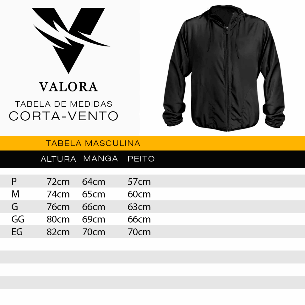 Tabela de medidas - Corta vento