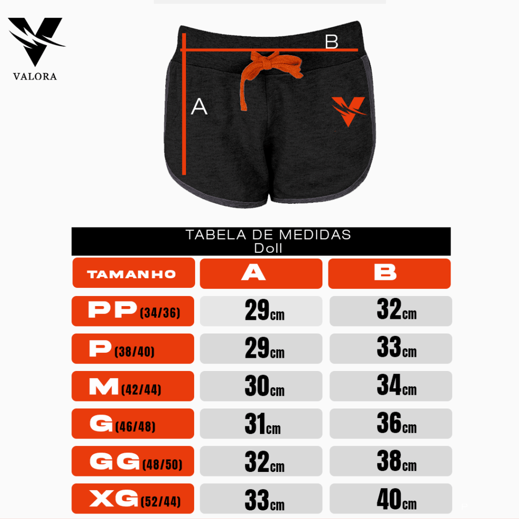 Tabela de medidas shorts doll